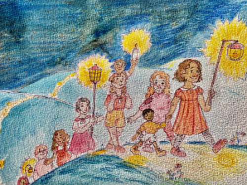 un disegno che rappresenta bambini in fila con lampade accese