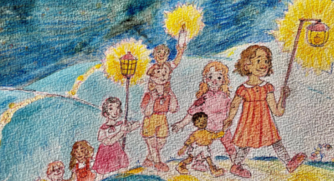 un disegno che rappresenta bambini in fila con lampade accese